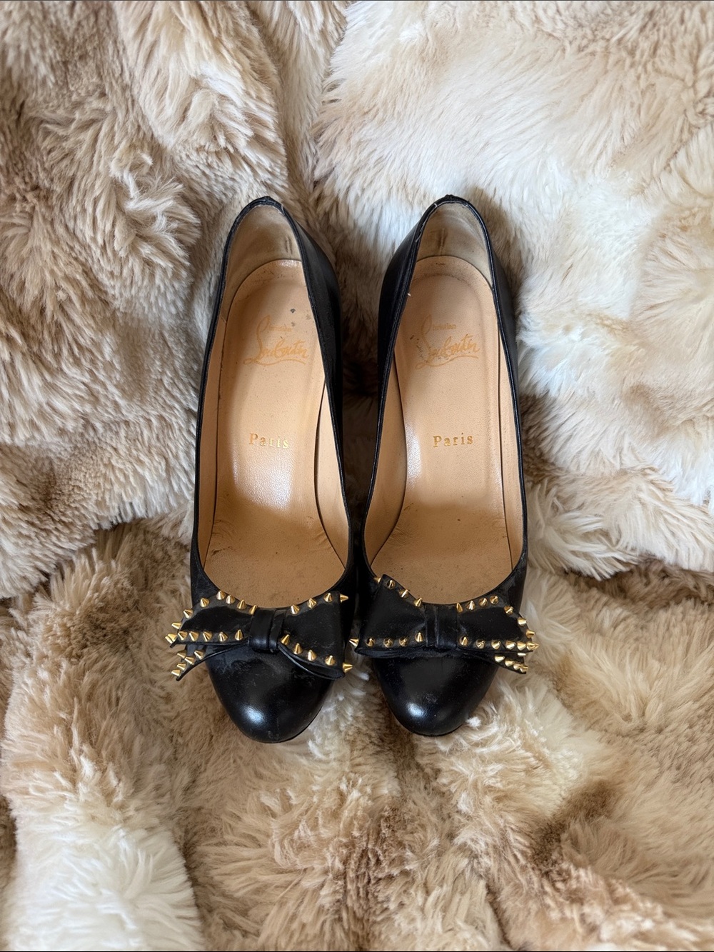 Christian Louboutin Black Leather Studded Bow Pumps